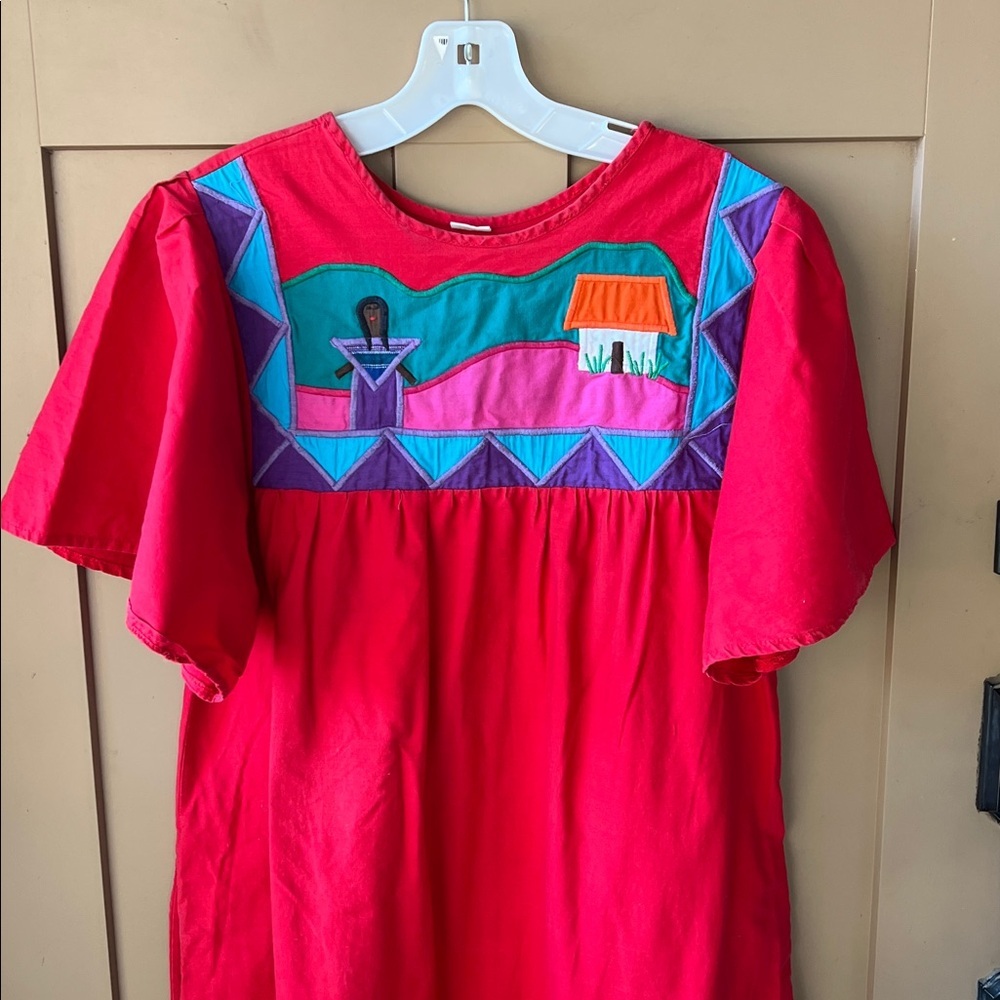 Vintage 70’s Cotton Guatemala Hand Made Red Dress Patchwork Sz M-L - Picture 2 of 7